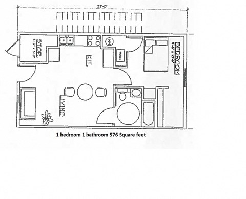 Floor plan for 1 bed, 1 bath, 578 sqft